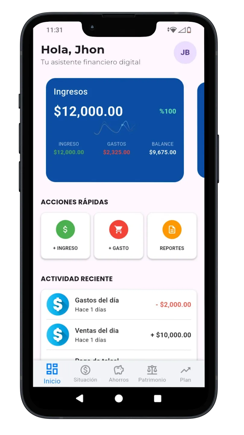 Pantalla de inicio de BH Easy mostrando ingresos, gastos y balance